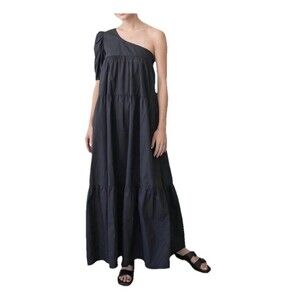 Things Between Womens Large Nellie Tiered One Sleeve Maxi Dress 100% Cotton